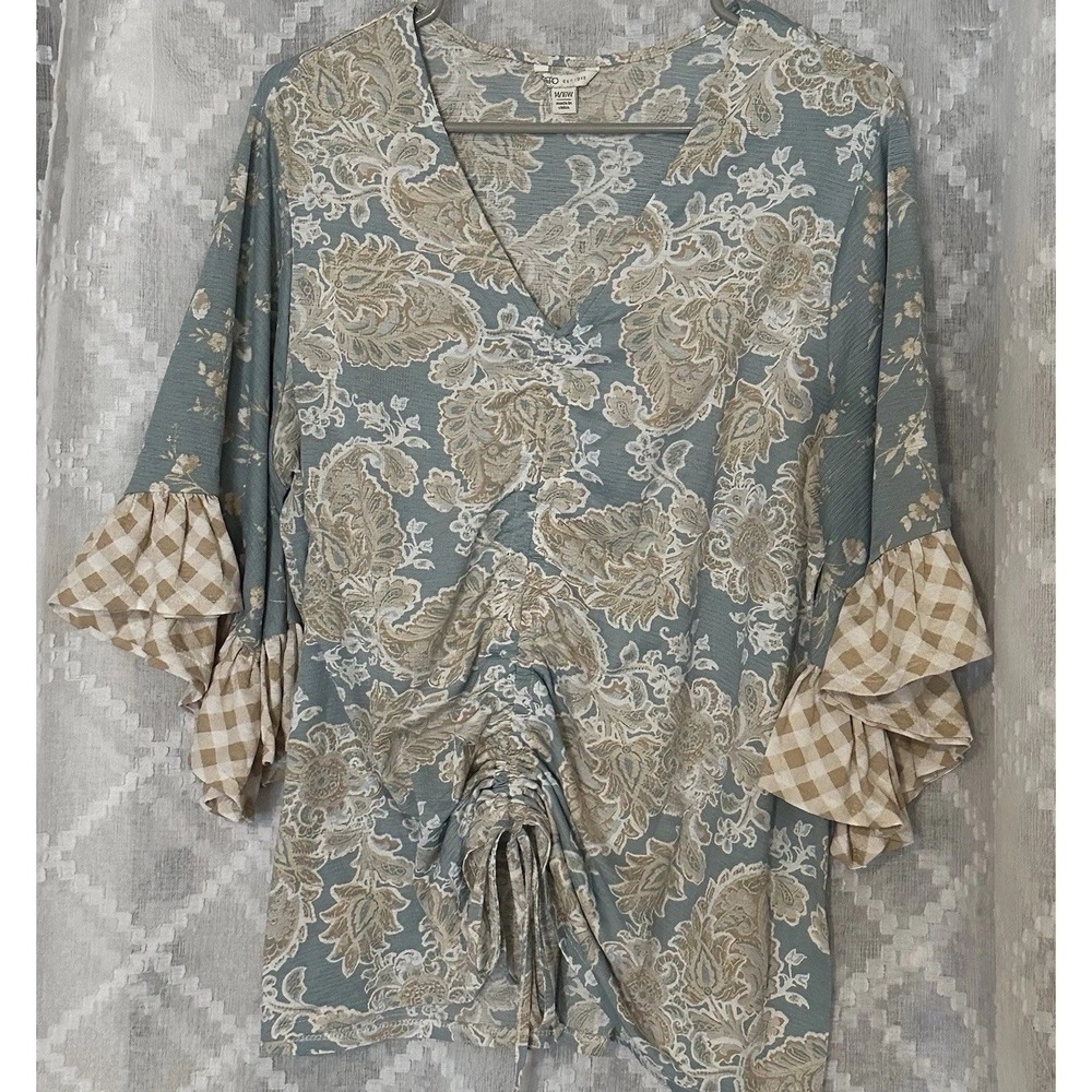 Cato Top Womens 14 16 W Ditsy Paisley V Neck Ruffle Boho Bell Plaid Sleeve Fall